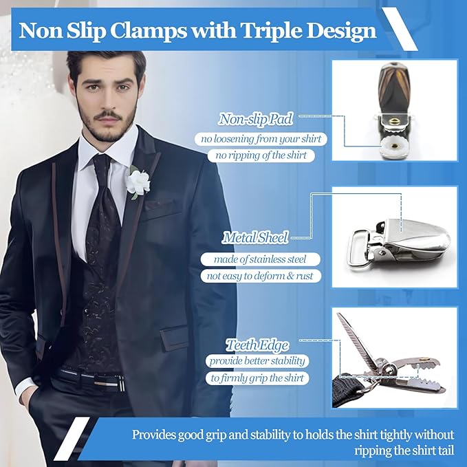 STAY GENT Y-Style Shirt Stays For Men with Non-Slip Locking Clamps and Adjustable Elastic Straps