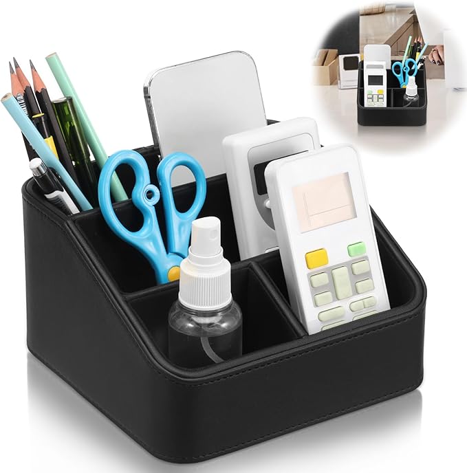 PU Remote Control Holder, Small Desk Organizer Office Supply Bedside Caddy for Nightstand End Table Remote Organizer with 3/4 Compartment (Black)(4 grids)