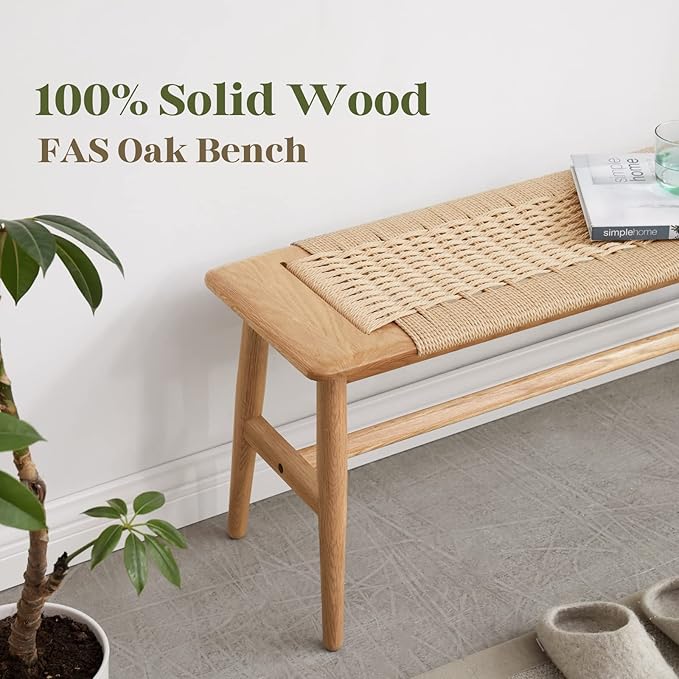 32" L 100% FAS Oak Wooden Bench Indoor - Solid Wood Rope Woven Entryway Bench, Dining Bench, Boho Furniture for Entryway, Dining Room, Bedroom, Kitchen (Creamy White)