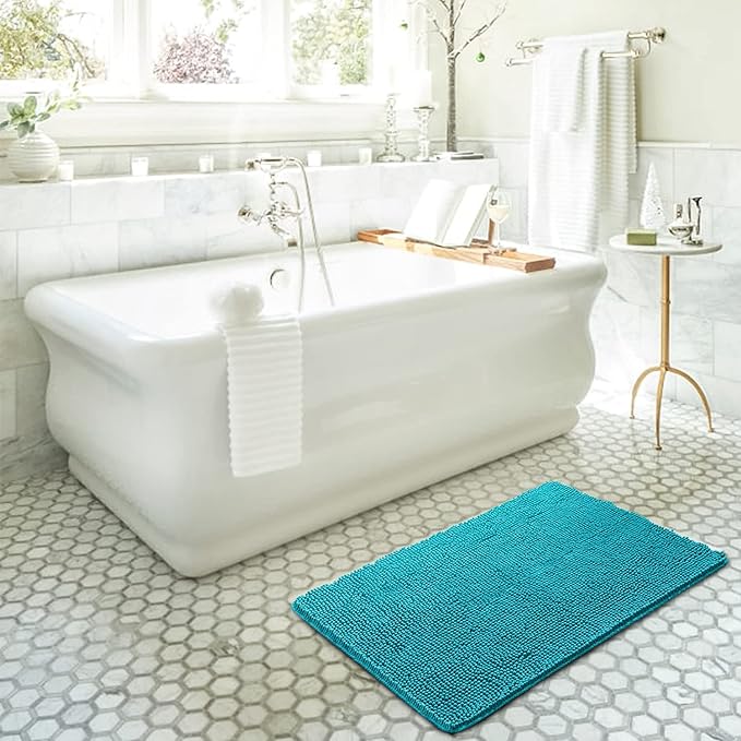 LOCHAS Luxury Bathroom Rug Shaggy Bath Mat 20 x 30 Inch, Washable Non Slip Bath Rugs for Bathroom Shower, Soft Plush Chenille Absorbent Carpets Mats, Teal Blue