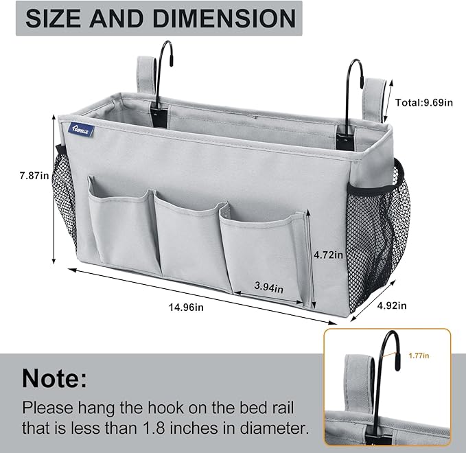 Surblue Bedside Organizer with Hook Bedside Caddy Hanging Storage Bag with Adjustable Straps and Water Bottle Holder for Home College Dorm Bunk Bed Accessories, Hospital Bed,Lightgrey