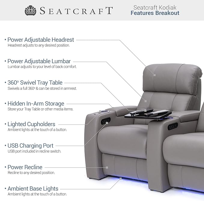 Seatcraft Kodiak Zero-Gravity CoolZero Italian Leather Home Theater Seating, Powered Headrest, Powered Lumbar, Powered Recline, Single Recliner, Gray