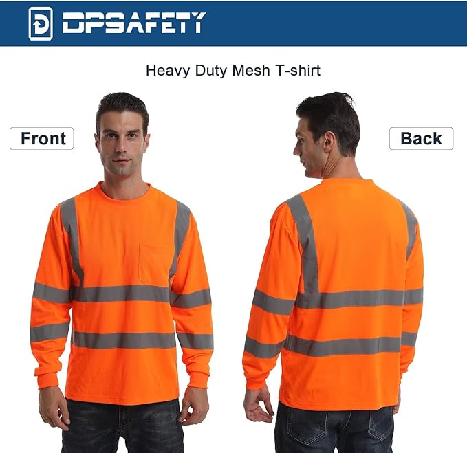 High Visibility Class 3 T Shirts，Hi Vis Safety Shirts with Reflective Strips and Pocket, Long Sleeve Quick Dry Mesh Construction Work Shirt for Men/Women Orange,Large