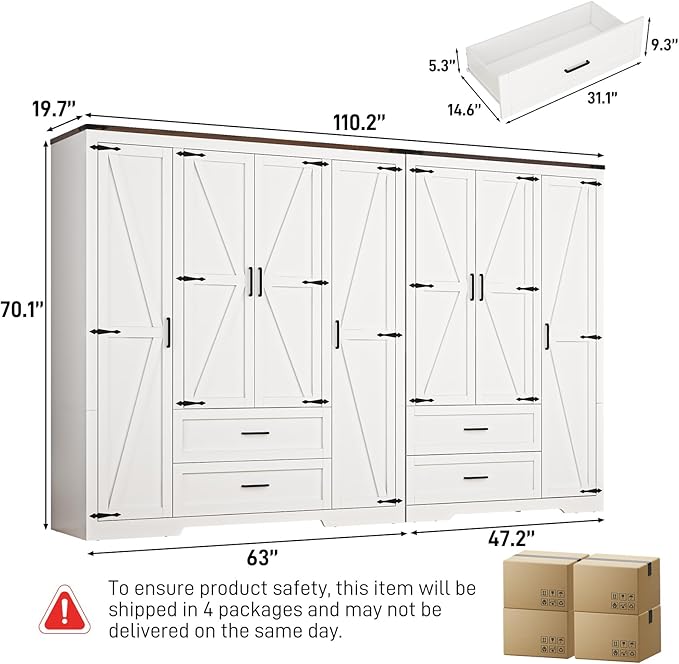 7 Doors Wardrobe Armoire Closet with Doors and Drawers, Farmhouse Wooden Armoire Storage Cabinet with Shelves & Hanging Rod for Bedroom, White