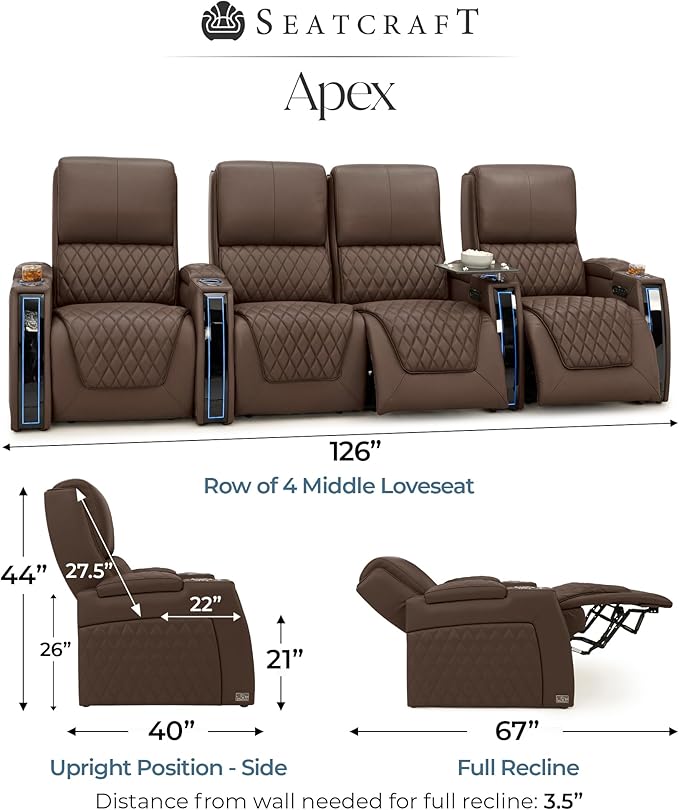 Seatcraft Apex Home Theater Seating, Living Room, Powered Headrest, Powered Lumbar, Powered Recline, Italian Leather, USB Charging, Row of 4 Middle Loveseat, Brown