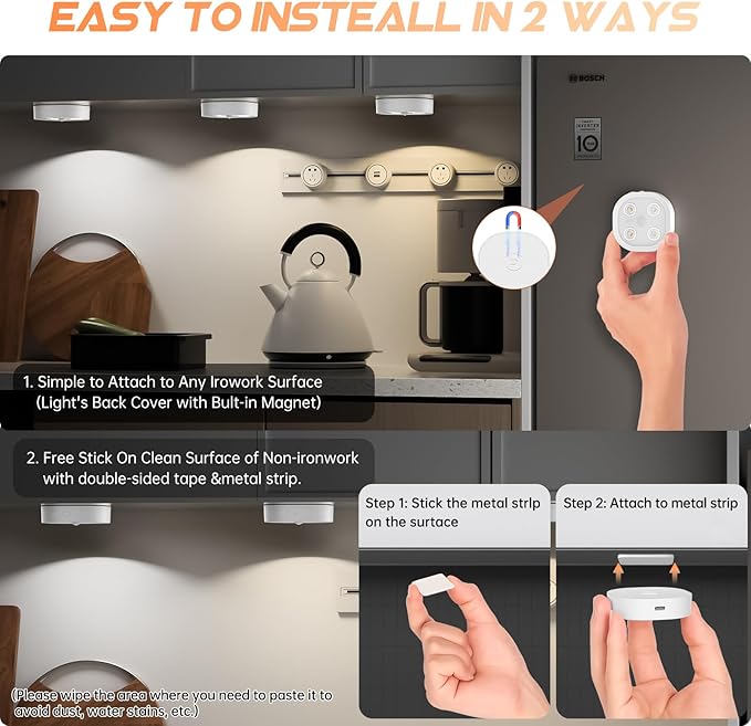 3PCS Motion Sensor Closet Puck Light, Wireless Rechargeable Stair Step Lights Indoor with 3 Colors Temper, Magnet Stick on Lighting for Cabinet,Hallway,Stairway,Bathroom,Bedroom,Kitchen