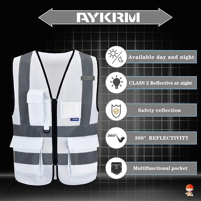A-SAFETY Hi Reflective Safety Vest,Hi Vis Bright Neon Colors Safety Vest with 4 Reflective Strips 7 Pockets(White L)
