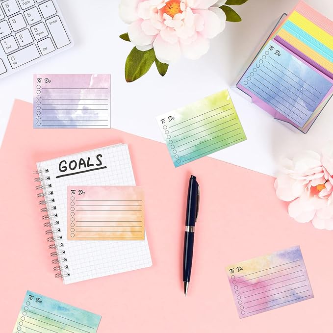 Pajean 9 Pcs/450 Sheet to Do List Sticky Note 3x4 Inch Self Stick Pads with Line Colored Planner Sticky Note Adhesive Memo for Office, Meeting, School, Study, Home Reminder (Watercolor)