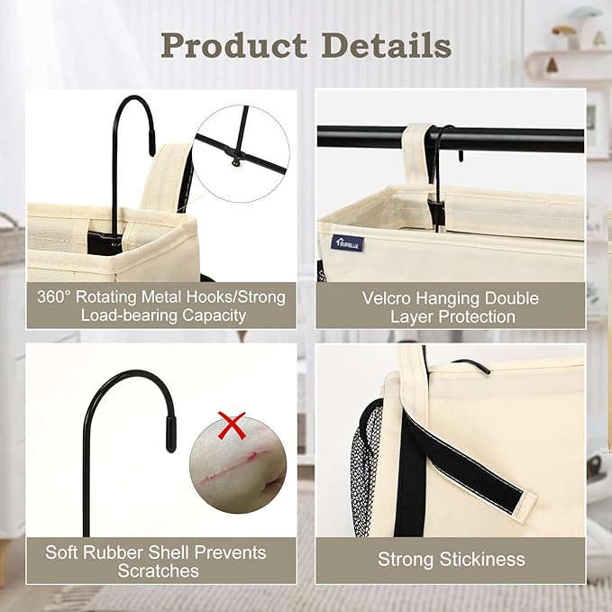 Surblue Bedside Organizer with Hook Bedside Caddy Hanging Storage Bag with Adjustable Strap and Water Bottle Holder for Home College Dorm Bunk Bed Accessories, Crib Bed Rail, Hospital Bed, Beige, 2PCS