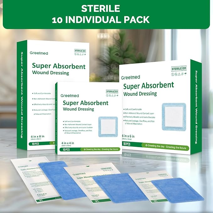 Super Absorbent Wound Dressing 4"x 4" 10 Individual Pack Fast Healing Wound Care Non Stick Bandages Gauze Pads for Surgical Ulcer High Exudating Wounds Burns Lacerations