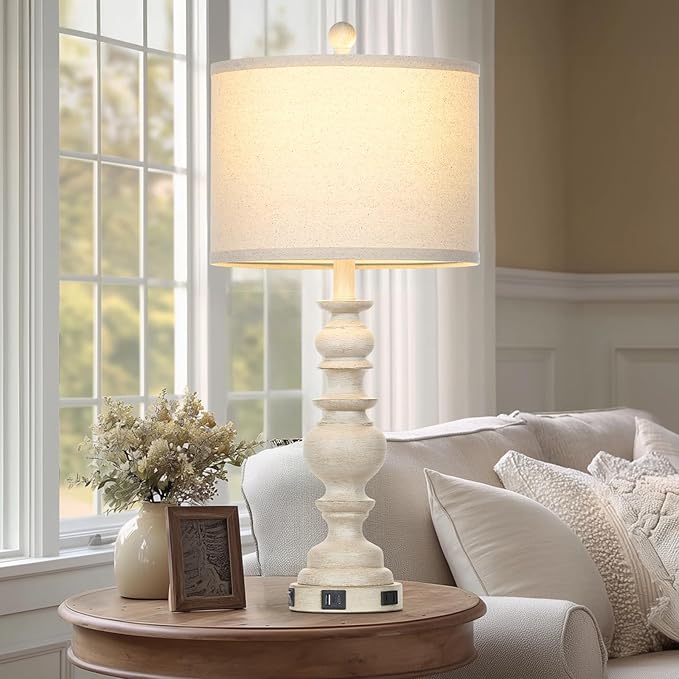 27.5" Beige Farmhouse Table Lamps for Living Room, Rustic Bedside Lamps with USB C+A Ports & AC Outlet, Vintage Bedroom Lamp Set of 2, Tradition Night Stands Lamp for Side End Table Desk