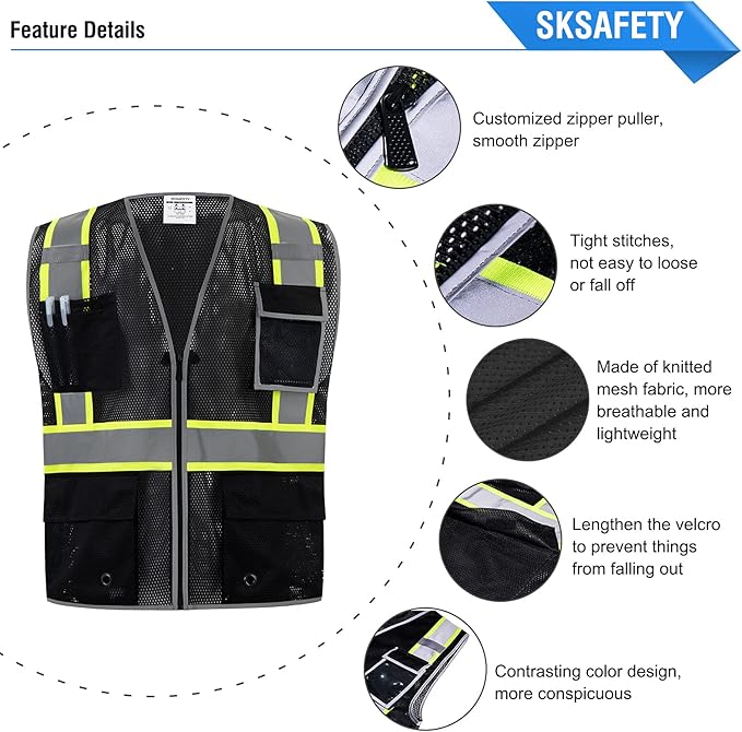 SKSAFETY 10 Pockets Safety Vest, Class 2 High Visibility Security with Zipper Double-sided mesh, Hi Vis Vest with Reflective Strips, ANSI/ISEA Standard, Construction Work Vest （Black, XL）