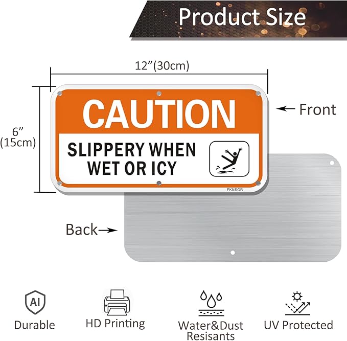 Caution Slippery When Wet or Icy Sign 2 Pack, 12 x 6 inches Rust Free .040 Aluminum Warning Sign, UV Protected, Fade Resistant