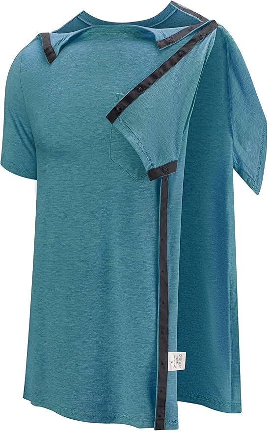Poriff Men's Post Shoulder Surgery Recovery Shirts Full Tear Away Short Sleeve Snap Chemo Port Access Shirt