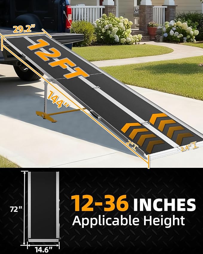 VNN Portable Wheelchair Ramp 12FT, Seamless Non-Slip Aluminum Material Handling Ramps for Wheelchairs for Home, Wheelchair Ramps for Home Steps, Aluminum Loading Dock Plates