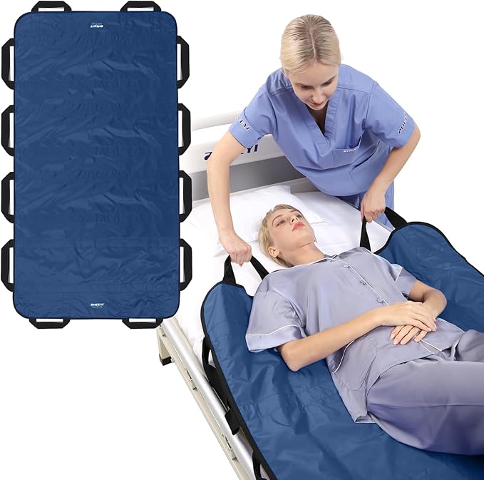 Bed Positioning Pad with Reinforced Handles 63" x 40" Washable Patient Transfer Slide Sheet for Body Lifting, Turning, Repositioning, for Elderly, Incontinence, Caregiver, Navy Blue