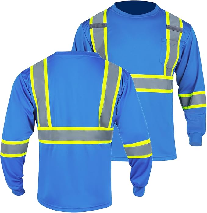 FONIRRA Hi Vis Shirts for Men Reflective ANSI Class 2 Safety Long Sleeve High Visibility Work Construction T Shirts Blue
