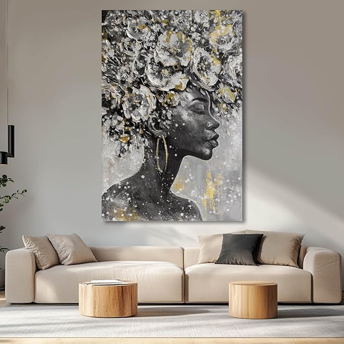 MLART99 Large Gold Flowers Painting for Office African American Black Woman Portraits for Bedroom 32"x 48" Posters for Room Aesthetic Grey Wall Hanging Decor for Living Room