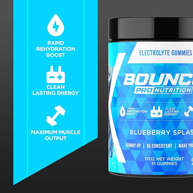 Bounce Pro Hydration Electrolyte Gummies – 75 Vegan Chewable Gummies with Sodium, Potassium & Magnesium for Running, Workouts & Endurance – No Sugar, Caffeine Free Electrolyte Chews, Blueberry Splash