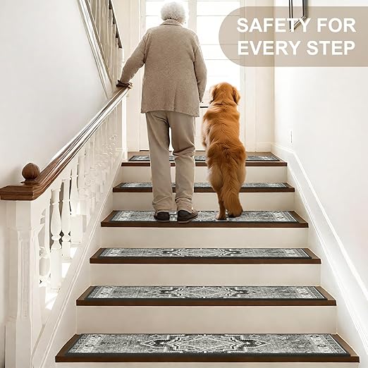 Non Slip Stair Treads for Wooden Steps Indoor, Dark Grey, 15pcs, 30"X8", Soft Carpet Mat, Machine Washable Boho Carpet Treads with Reusable Adhesive Backing, Safety Stair Tread for Dogs, Kids, Elders