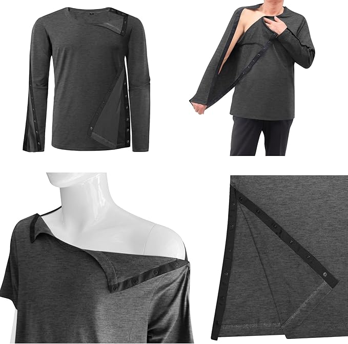 Unisex Post Shoulder Surgery Recovery Shirts - Full Tear Away Snap Long Sleeve Men Chemo Port Shirts for Men Women