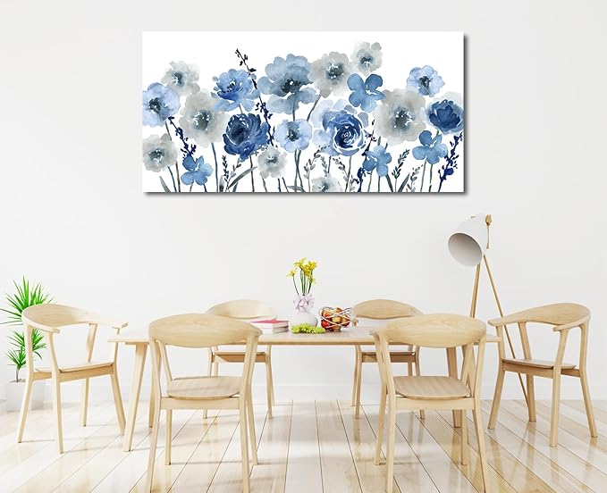 VEAEE Flowers Canvas Wall Art - Indigo Floral Canvas Pictures Living Room Wall Decor Botanical Canvas Prints Painting Abstract Artwork Bedroom Office Home Decor 24"x 48"