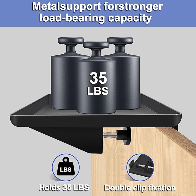 Bedside Shelf, Bedside Caddy, Bed Shelf with Cable Catch, College Dorm Room Essentials, Clip on Floating Desk Tray, Bed Side Table Storage, Loft Nightstand Decor (Black)