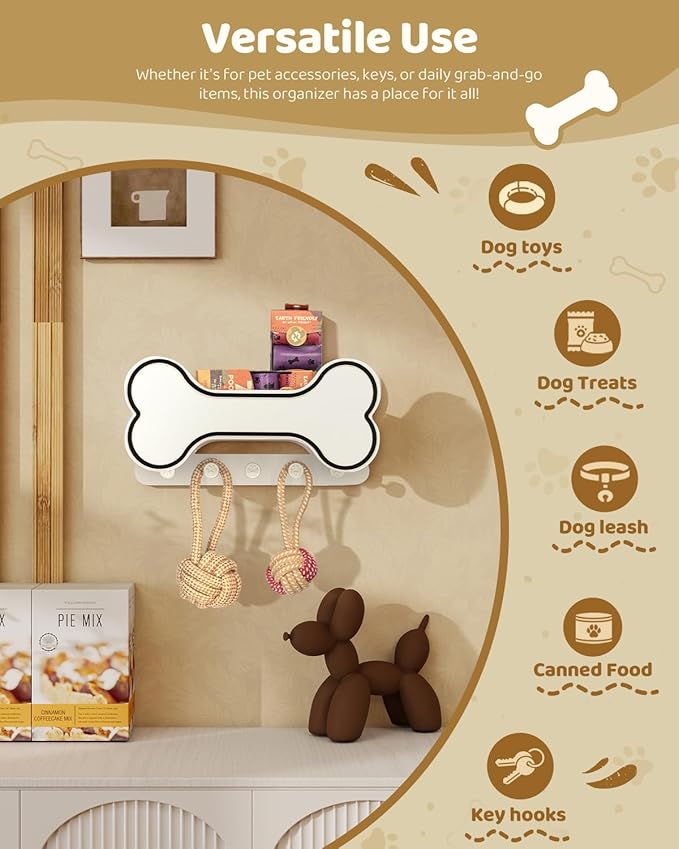 Decorative Dog Leash Holder for Wall - Doggie Bone Shape Key Holder Wall Mount with 5 Chic 3D Puppy Paw Hooks & Dog Stuff Storage Shelf - Apartment Essentials (Black & White)