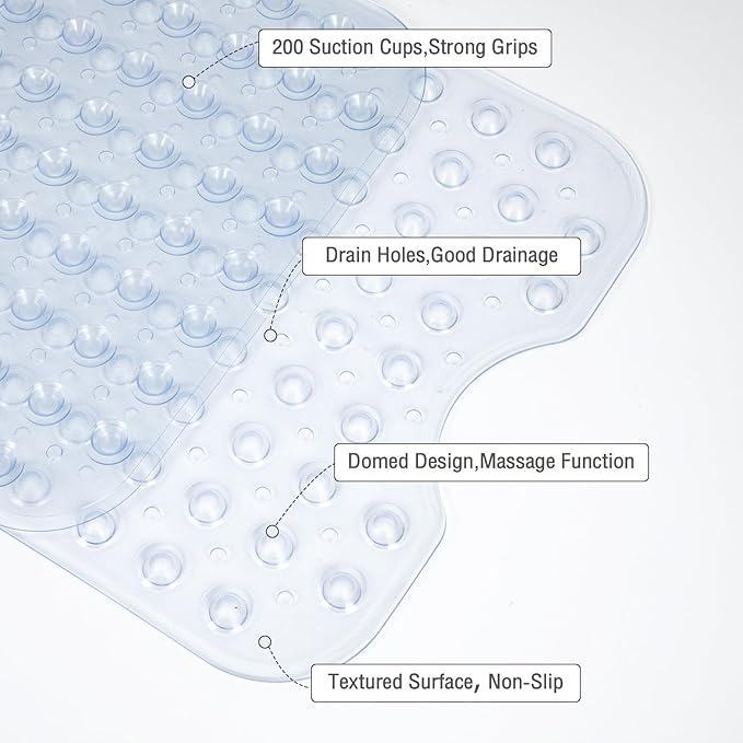 Extra Long Clear Bathtub Mat Non Slip, Soft Bath Mat for Tub 40 x 16 Inch Full Size, Bath Tub Shower Mats for Bathroom Floor with Big Suction Cups and Drain Holes, Easy Washable, BPA Free