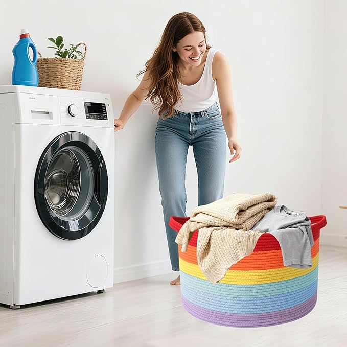 Large Storage Basket with Handle,19.7" L x 19.7" W x 13" H Blanket Basket Storage Bins for Organizing,65L Cotton Rope Woven Baskets for Living Room, Nursery ,Bedroom,Rainbow