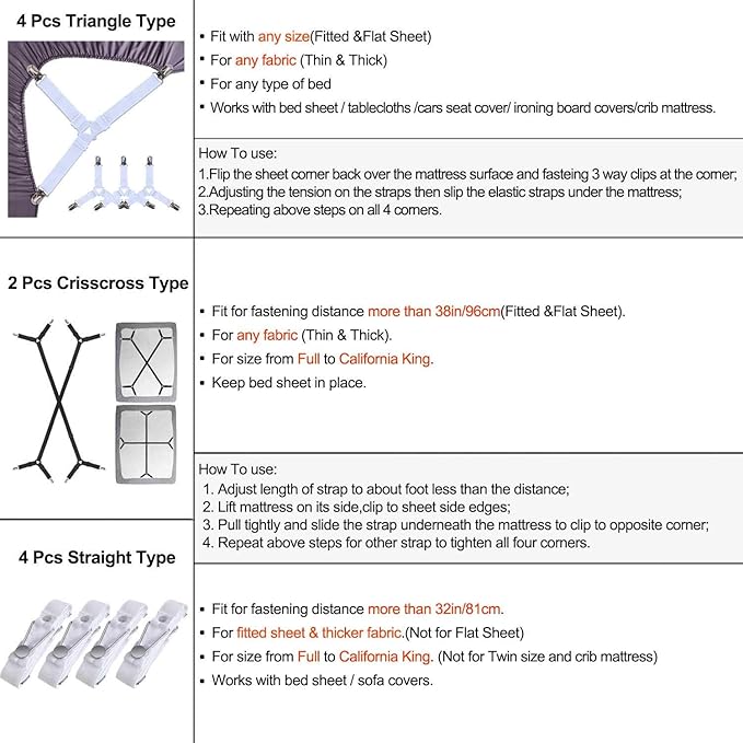 Bed Sheet Fasteners Straps - 2 Way Adjustable Crisscross Sheet Corner Holder Straps Clips Gripper Elastic Sheet Band Suspenders Fasteners(2 Set/4Pcs, White)
