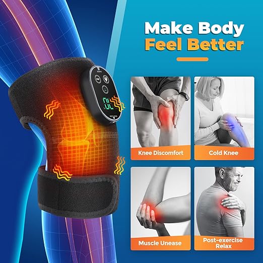 Cordless Heated Knee Massager with Vibration, FSA Eligible, Heated Knee Brace Wrap Heating Shoulder Brace Support Wrap for Knee Elbow, Heating Pad with 6 Heating Levels, 3 Massage Modes&Timer (Black)