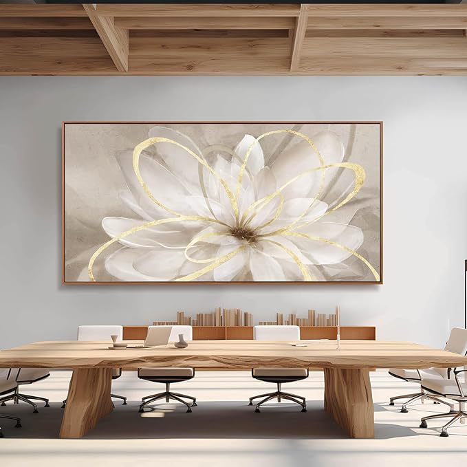 SOUGUAN Floral Wall Decorations Gold and White Canvas Wall Art Line Photo Prints 36"x70" Large Wall Painting for Living Room Office
