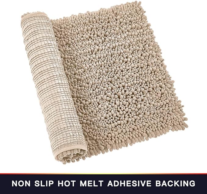Walensee Large Bathroom Rug Non Slip Bath Mat (24x60 Inch Beige) Water Absorbent Super Soft Shaggy Chenille Machine Washable Dry Extra Thick Perfect Absorbant Best Plush Carpet for Shower Floor