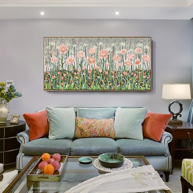 amatop Large Botanical Wall Art - Modern Floral Canvas Print, Pale Pink and Green Abstract Wildflower Oversized Framed Artwork for Living Room, Bedroom, Office Wall Decor (58x29 in)
