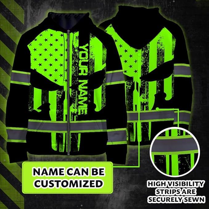 Maddly Hi Vis Reflective Zip Up Hoodie, High Visibility Safety Jacket with Skull Design for runner, worker, trucker, cyclist