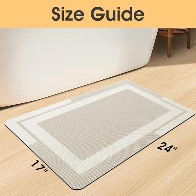 Ultra Thin Bath Mat, Upgrade Backing Non Slip Thin Bath Mats Fit Under Door, Quick Dry Ultra Absorbent Bathroom Rugs, Machine Washable Bath Rugs for Bathroom, Bathtub, Light Beige/Bordered/24"x17"