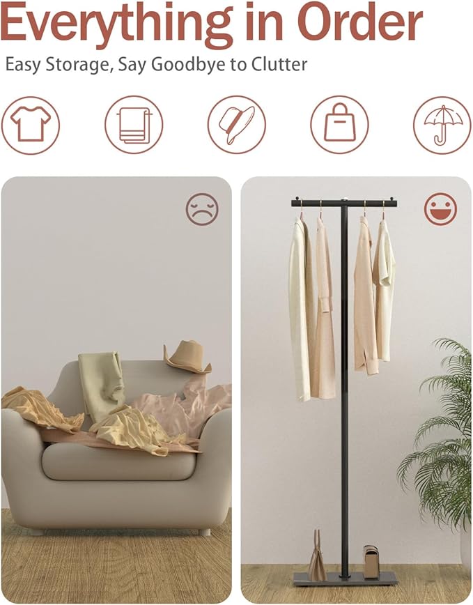 T-shaped Coat Rack Freestanding, Modern Clothes Rack with Rock Slab Base, Heavy-duty Metal Coat Tree for Boutiques, Hallway, Entryway, 68.9 Inches High, Black, GYJ001B