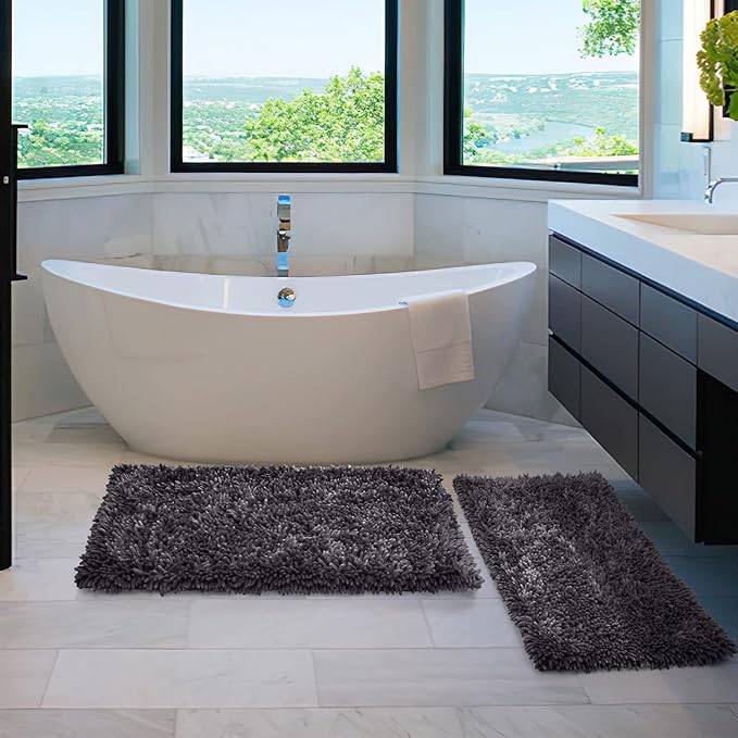 Yimobra Bathroom Rug Set 2 Piece, Luxury Shaggy Bath Mat Set with Non Slip Backing, Ultra Soft & Absorbent Mats for Bathroom Floor, Machine Washable, 44"x24"+24"x17", Dark Grey