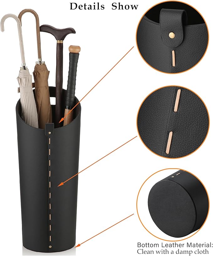 Black Umbrella Holer for Entryway with Drip Tray and 2 Steel Hooks Leahter Tall 22.44 Inches Umbrella Stand Rack Indoor Can Store 10 Golf Umbrellas or Crutches Toy Swords etc