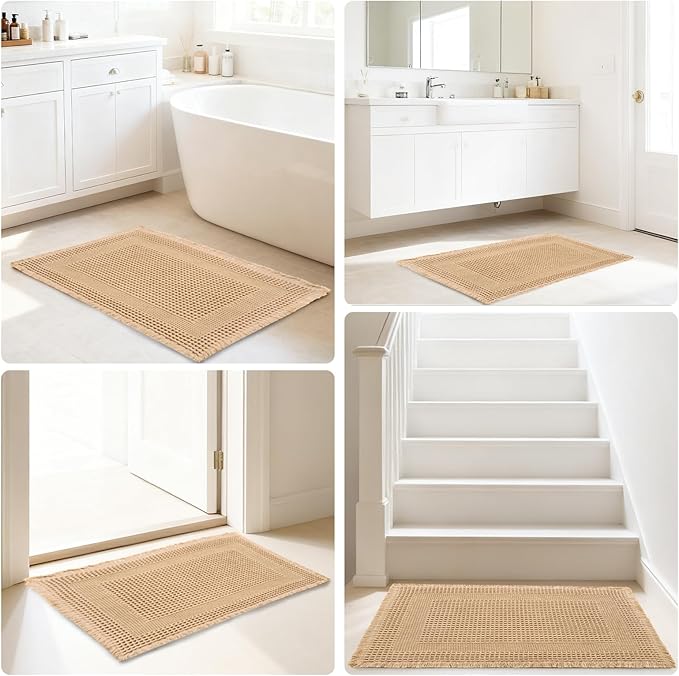 Hiasan Waffle Bath Mat, Super Absorbent Non Slip Bathroom Boho Rug with Tassels, Machine Washable Bath Mats for Bathroom, Ultra Soft Rubber Backed Rug, Loop-Brown, 20 x 32 Inches