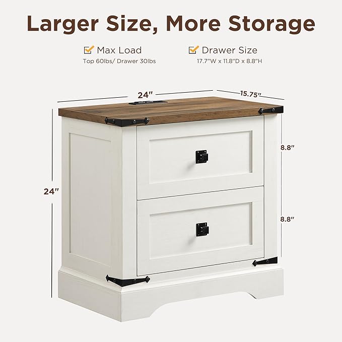 T4TREAM 24" Farmhouse Nightstand with Charging Station Set of 2, Large End Table with 2 Storage Drawers, Rustic Wood Sofa Bedside Table for Bedroom, Antique White