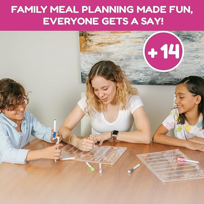 CHALKY CROWN Acrylic Magnetic Weekly Planner for Fridge - Menu Board for Kitchen with 8 Magnetic Markers - Weekly Meal Planner for Fridge with Grocery List & Notepad - Menu Planner (14.5x10.2)