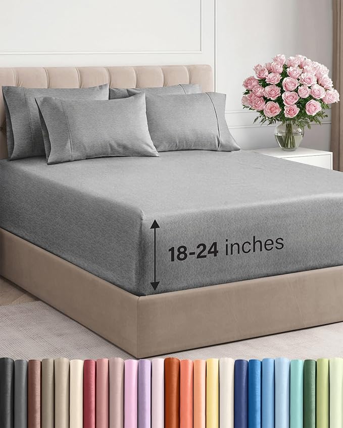 Extra Deep Full Sheet Set - 6 Piece Breathable and Cooling Sheets - Hotel Luxury Bed Sheets Set - Easy Fit - Soft, Wrinkle Free and Comfy Sheets Set - Heathered Grey Sheet Set with Extra Deep Pockets