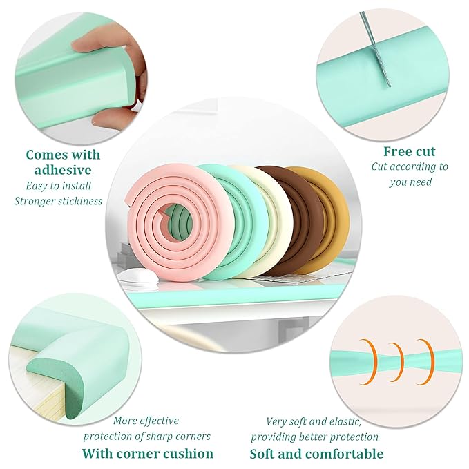 Furniture Corner & Edge Safety Bumpers,Table Edge Protectors for Baby,Fireplace Baby Proofing,Suitable for Coffee Table Desk Dresser Sharp Foam Corner Guard (Beige(4 Corner&6.5ft Safety Bumpers))