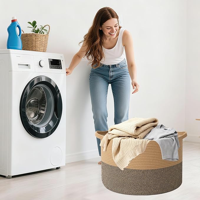 Large Storage Basket with Handle,23.6" x 23.6" x 15.7" Blanket Basket Storage Bins for Organizing,65L Cotton Rope Woven Baskets for Living Room, Nursery,Bedroom,Jute&Black