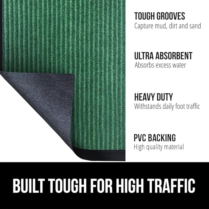 GORILLA GRIP Waterproof Traffic Guard Door Mat, 2 Pack Heavy Duty Entryway Mats, Strong Rubber Back Commercial Utility Rugs for Office Hallway, Garage Floor and Home, Low Profile Carpet, 29x17, Green