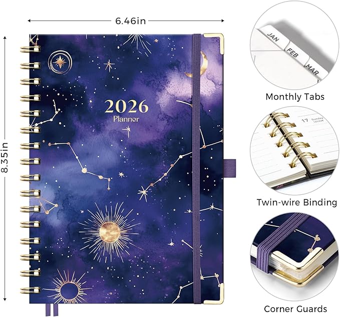 AHGXG 2026 Planner, Weekly and Monthly Planner for Women, Jan 2026 - Dec 2026, Medium Size (5.7" x 8.3"), Calendar 2026, Hardcover with Monthly Tabs, Spiral-Bound, Black-Starry Sky