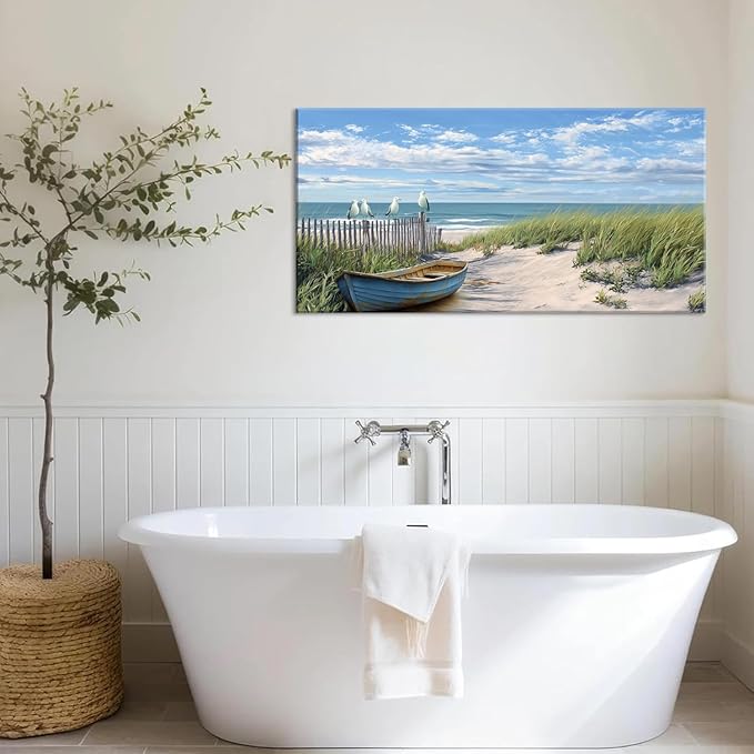 Coastal Blue Seascape Beach Sail Boat Wall Art for Living Room Office Scenic Landscape Art Deco Green Painting Prints Nature Summer Canvas Artwork Over The Couch Bedroom Decor