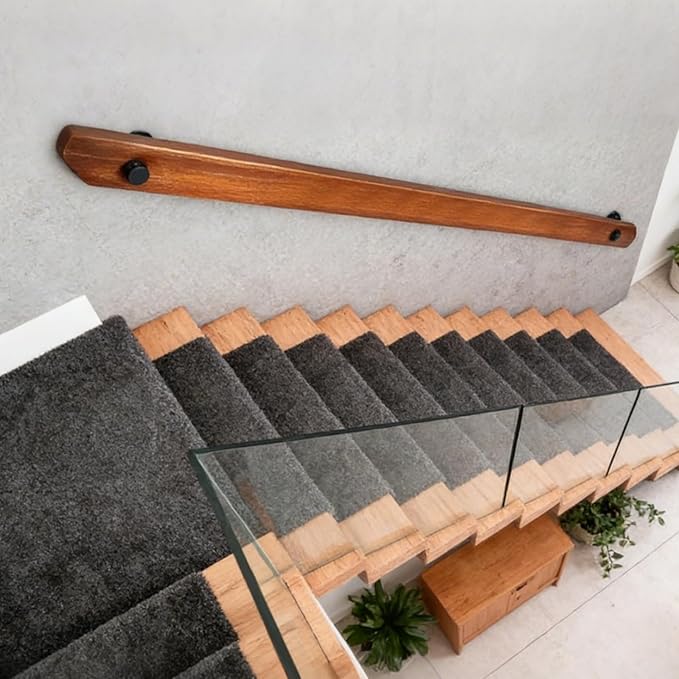 Wood Handrails, Indoor Non-Slip Staircase Handrail,Retro Rustic Wall Mount Railings Handrails, Home Loft Corridor Support Rod,Industrial Pipe Support, Easy to Install (Dark Wood, 5FT)